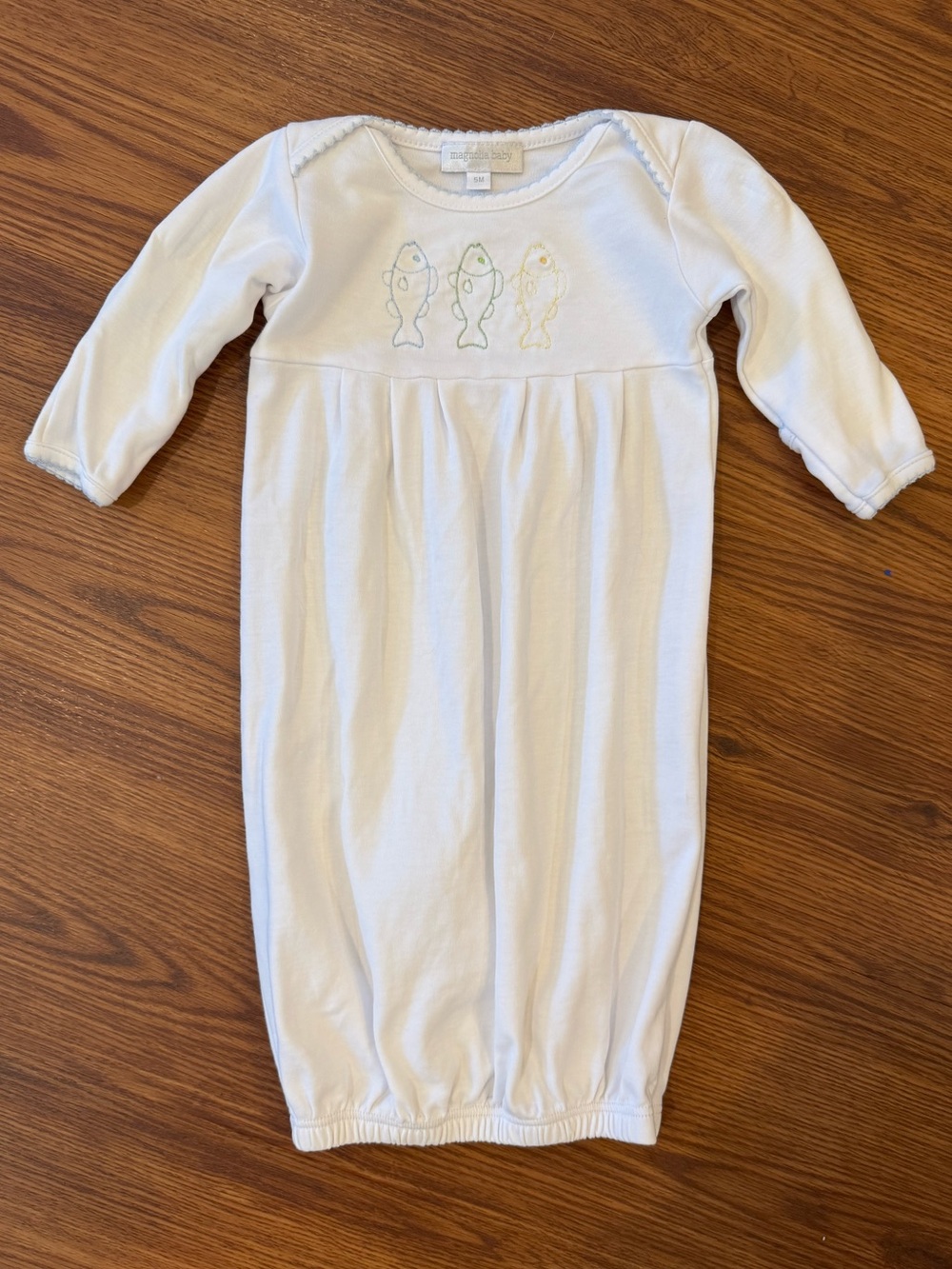 Magnolia Baby white gown with blue picot trim